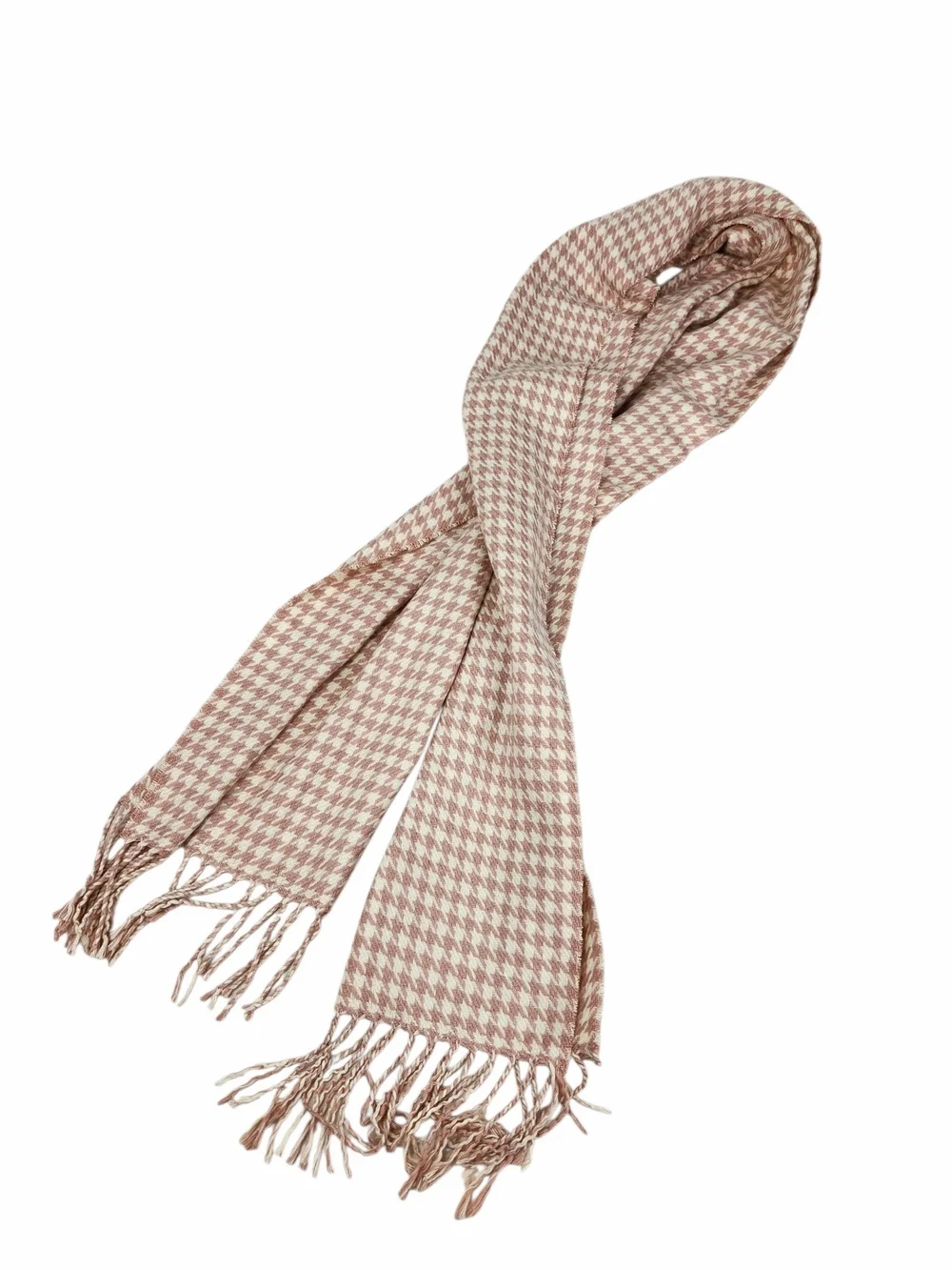 Women’s Pink & White Houndstooth Rectangle Scarf Wrap with Fringe 12 in Preppy